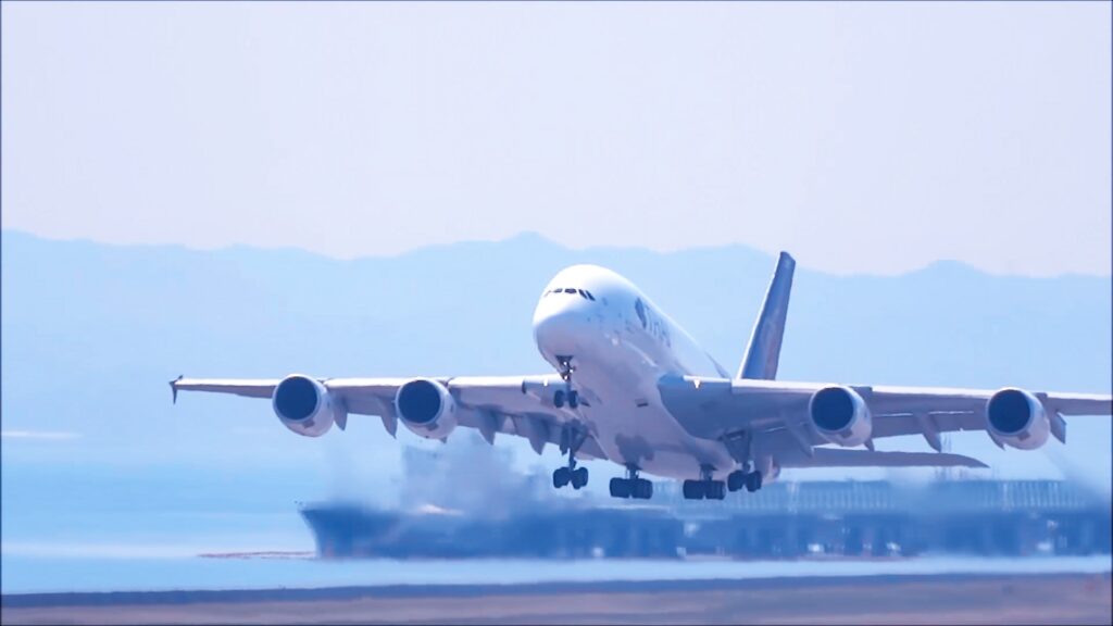 Airline plane flights take off at the airport