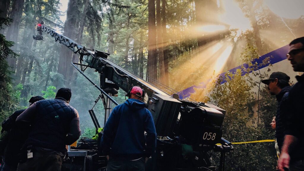 Camera crane shooting a movie in the forest