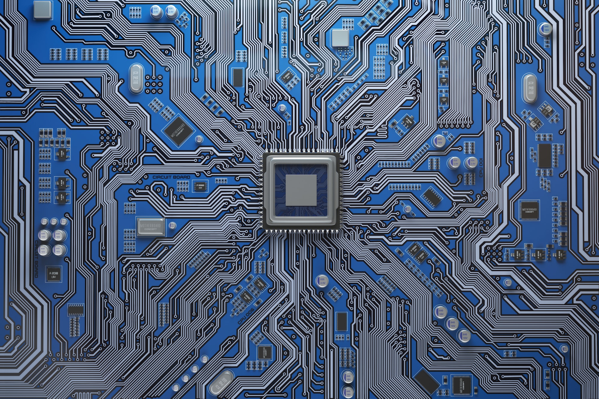 Computer motherboard with CPU. Circuit board system chip with co