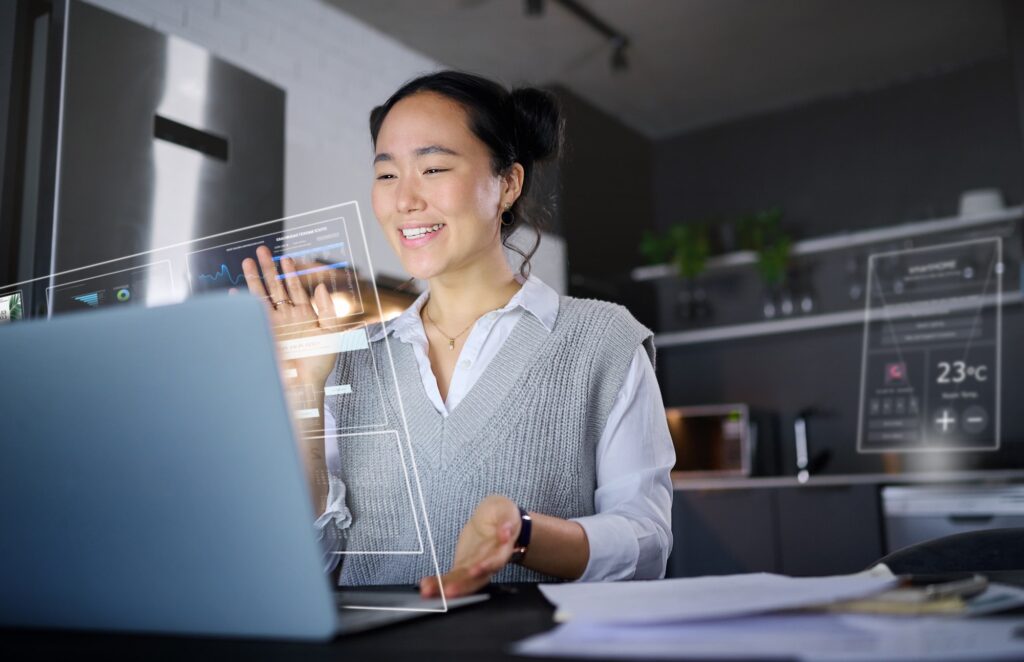 Computer overlay, futuristic data and ai hologram with a asian woman working with 3d design. Digita