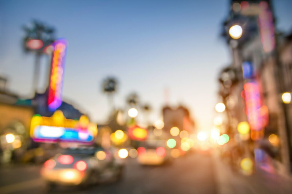 Defocused blur of Hollywood Boulevard at sunset