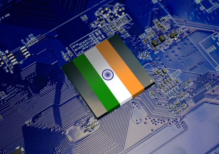 Flag of India on CPU operating chipset computer electronic circuit board