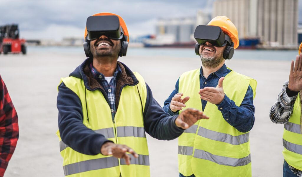 Multiracial workers using virtual reality headsets at Freight Terminal Port