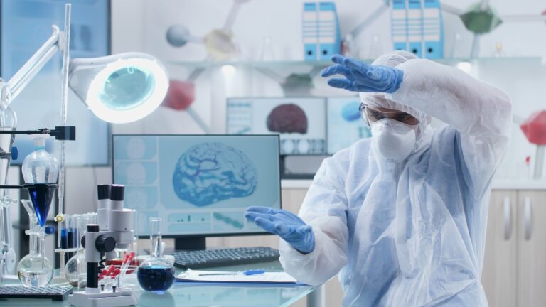 Scientist microbiologist doctor wearing virtual reality googles during artificial intelligence