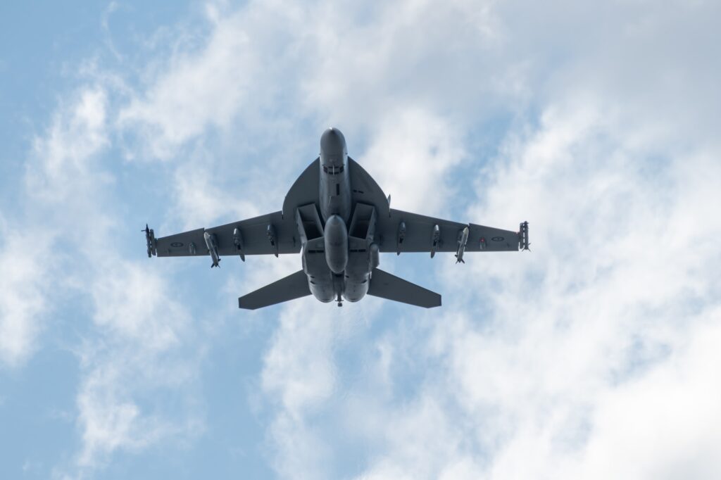 Royal Australian Air-Force F/18 fighter jet at the Brisbane River Fire festival