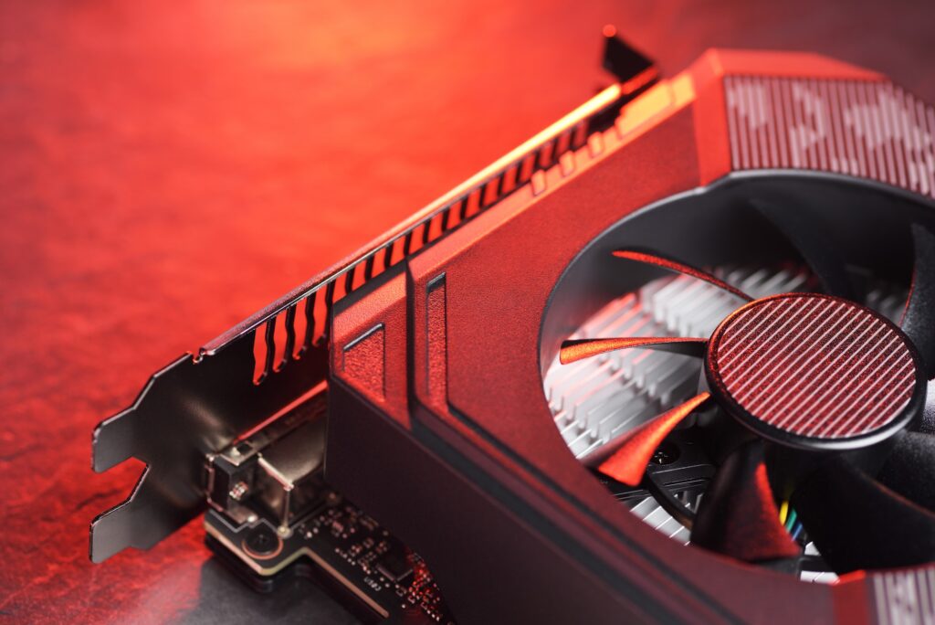 Computer gaming GPU graphic card with fan.