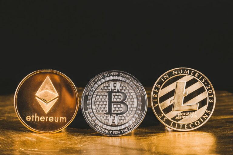 Cryptocurrency litecoin,Silver Bitcoin,Ethereum on golden floor