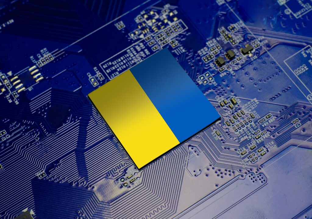 Flag of ukraine on CPU operating chipset computer electronic circuit board