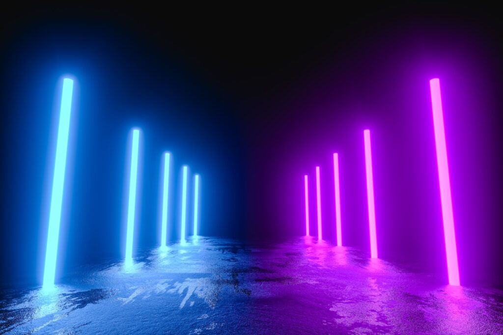 Futuristic concrete corridor with blue and purple neon lights on the side.