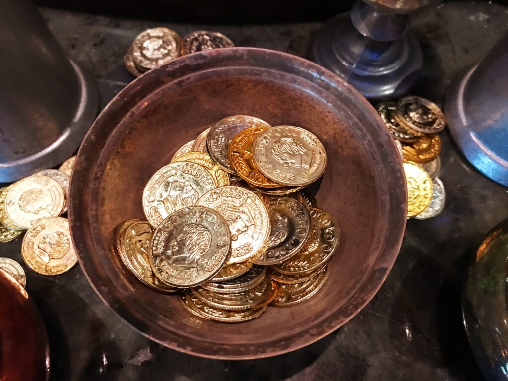 Gold coins in and around a copper bowl (feels like pirates stolen treasure)