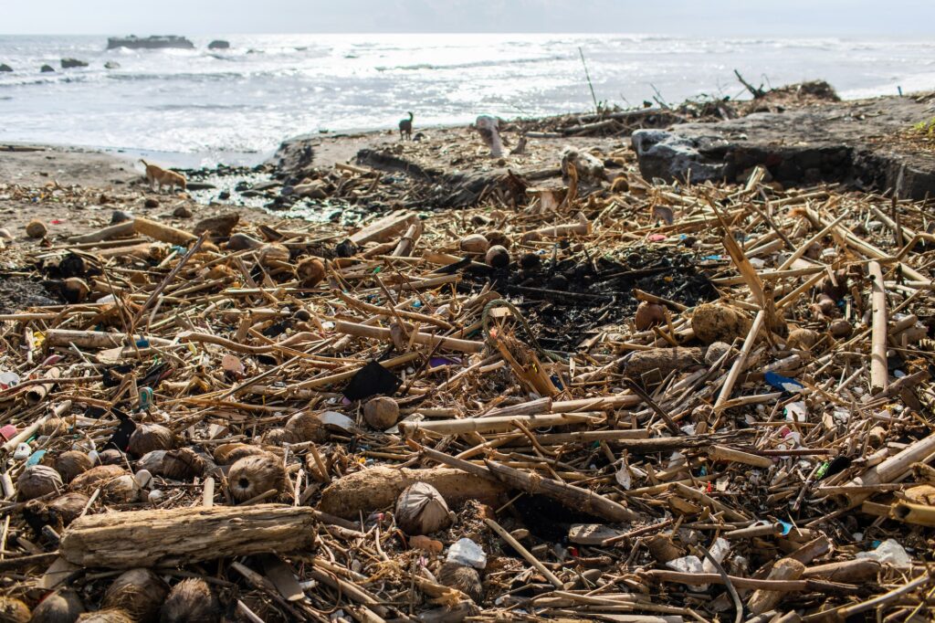 Heap of rubbish and waste on the beach in Bali, Indonesia