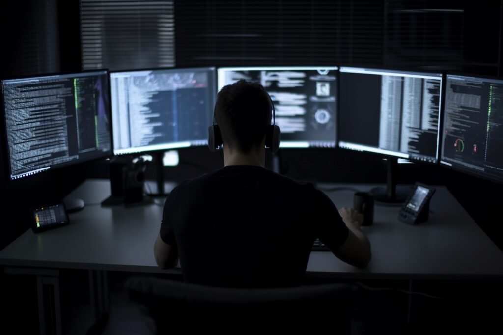 Programmer working on computers with multiple monitors, back view