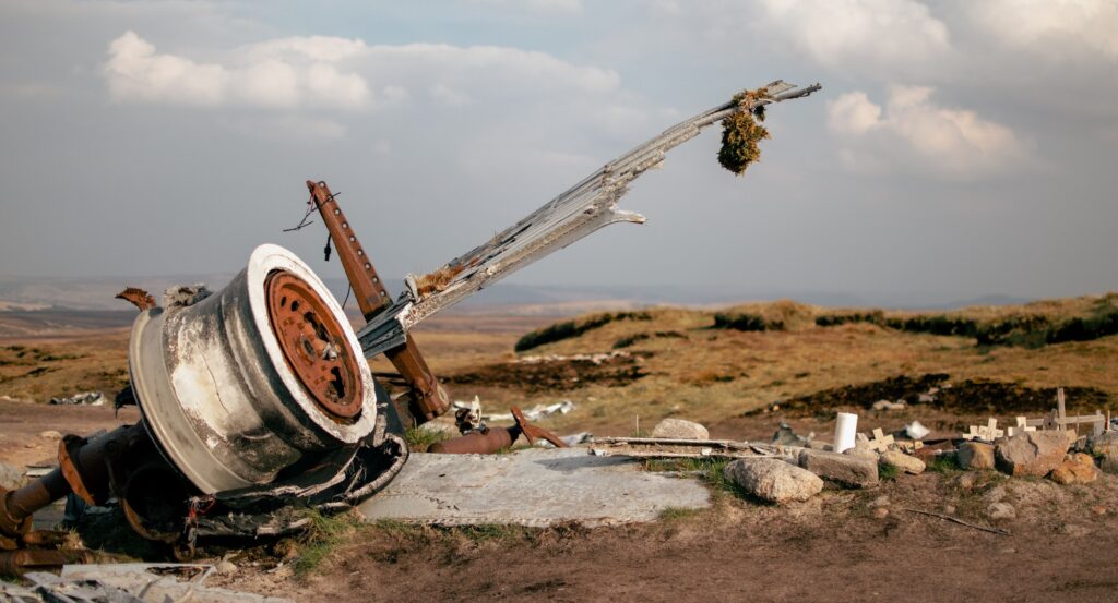 Remains of the plane during a plane crashed on the hill