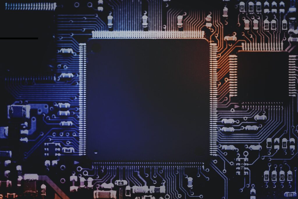 Smart microchip background on a motherboard closeup technology