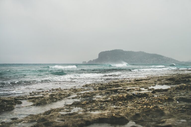 Stormy winter day at Mediterranean sea coast in Alanya, Turkey