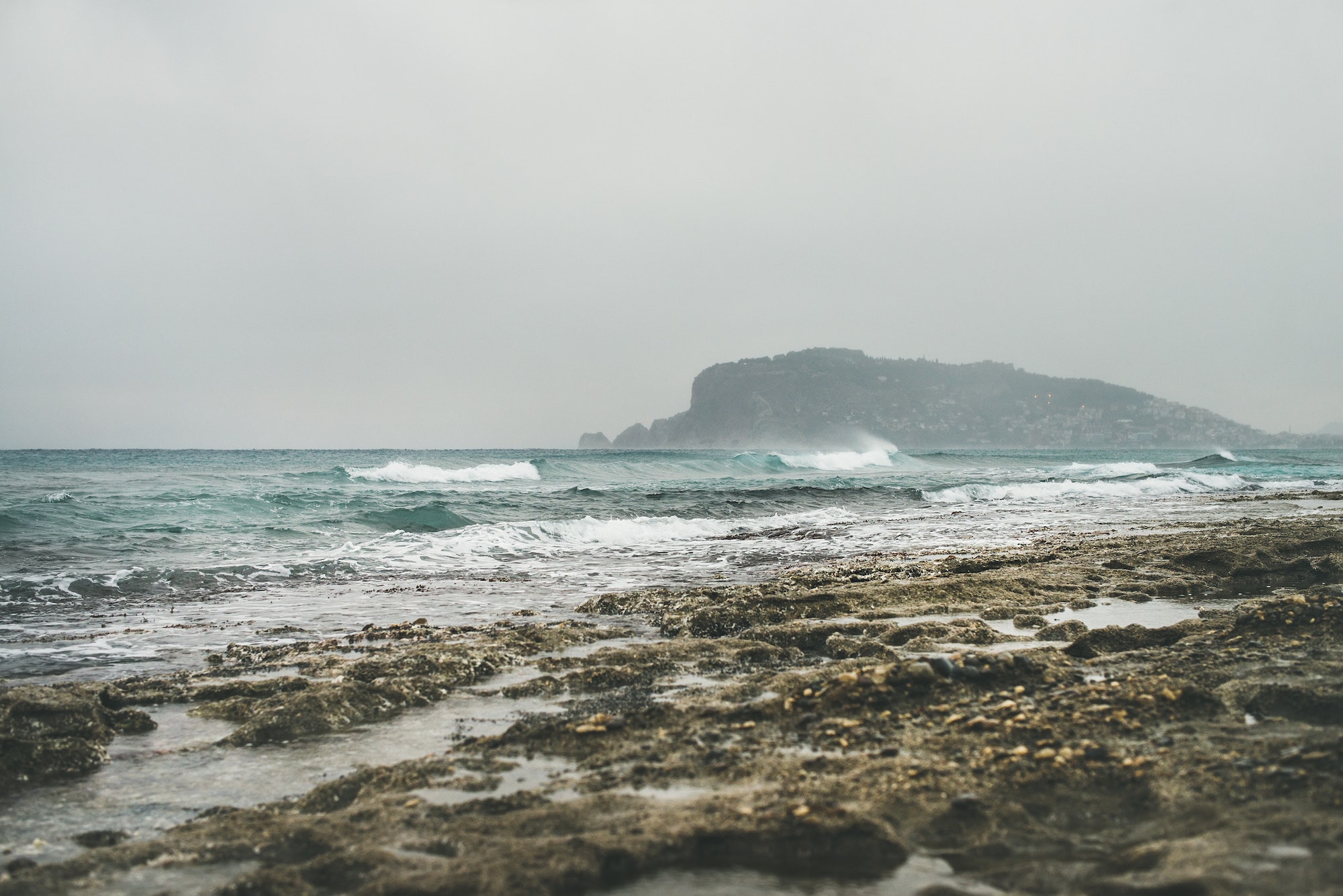 Stormy winter day at Mediterranean sea coast in Alanya, Turkey