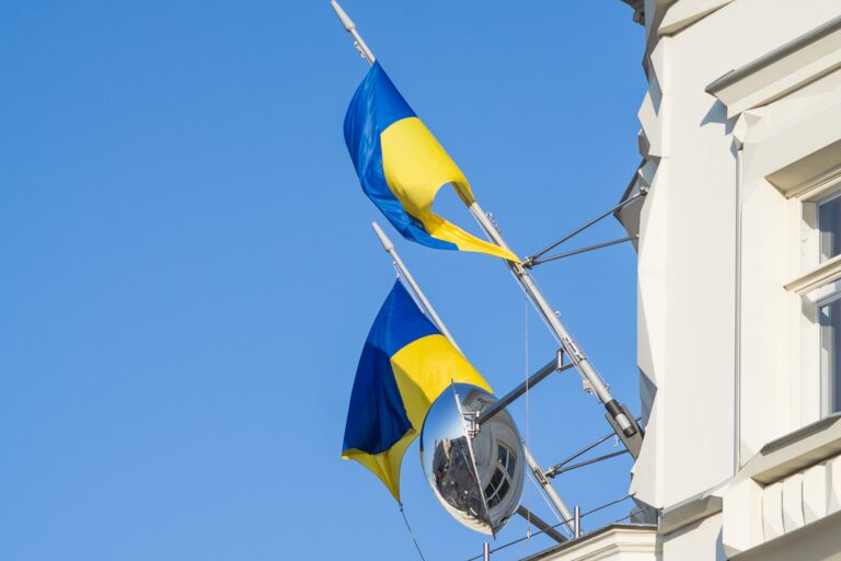 Ukrainian Flags in center of Vienna waving and showing solidarity to the country of Ukraine