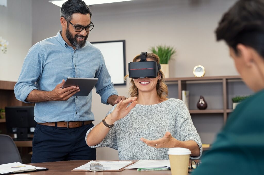 Woman with virtual googles at office