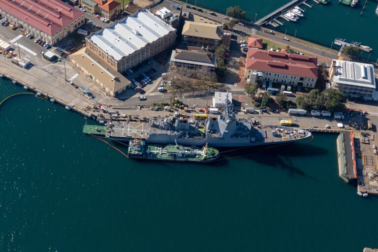 aerial view of naval base ship, Australian Royal Navy ship in dock