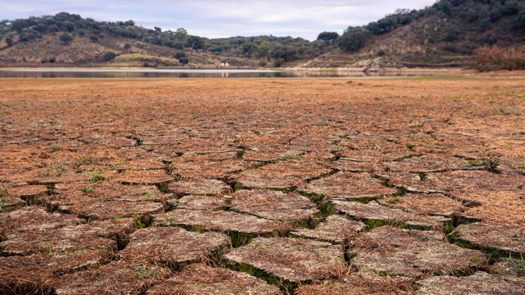 Climate change land with dry and cracked ground in Spain. Soil drought landscape