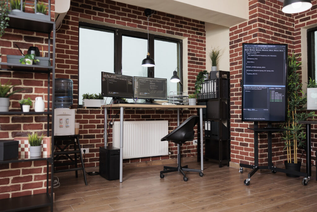 Interior of cyber security office center with neural networks and machine learning computers.