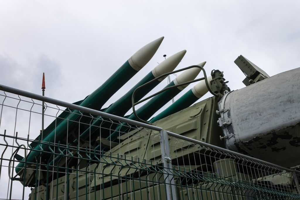 Missile launch rocket launcher behind fencing at a military base for hitting air targets