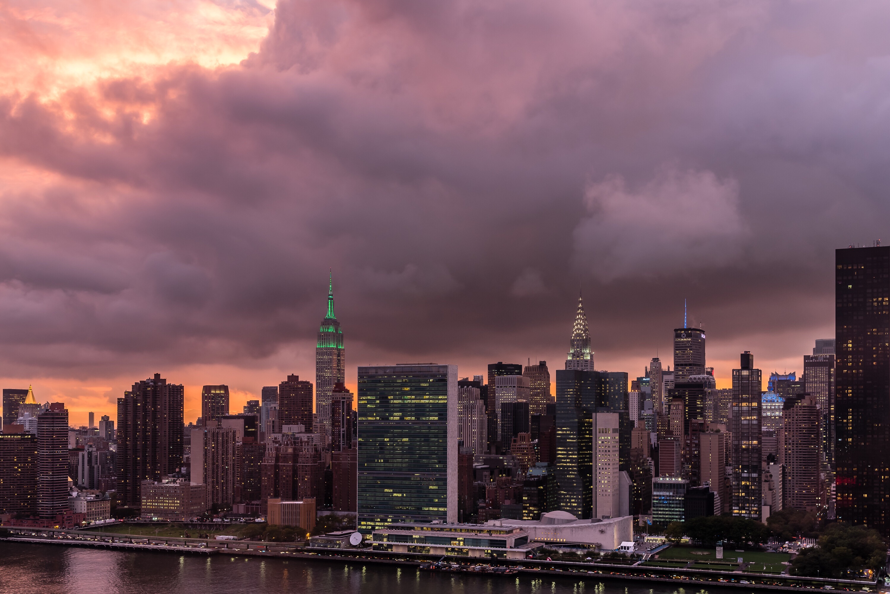 Stunning sunset view of Manhattan skyline in New York.