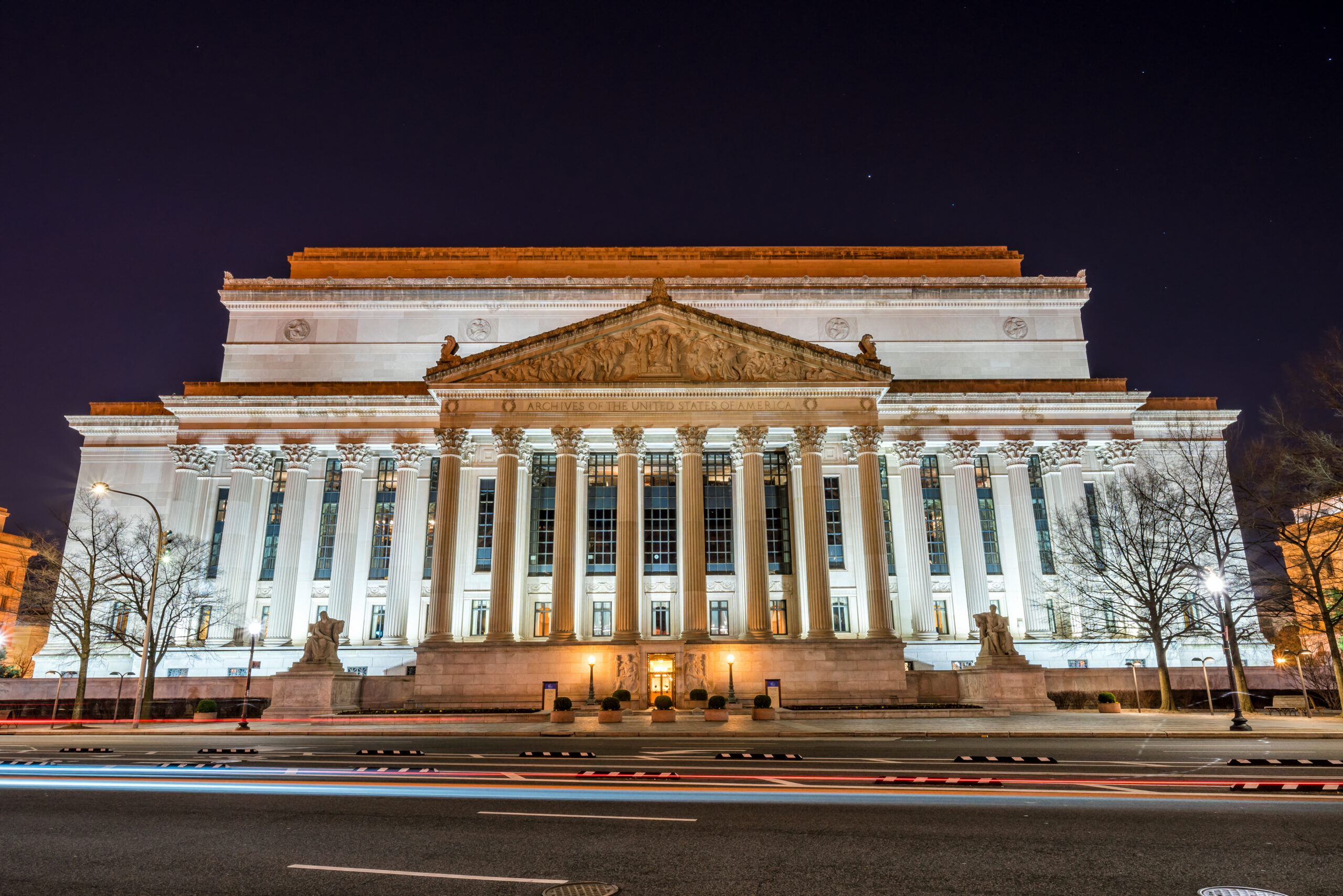archives of the united states of america at night washington dc united states