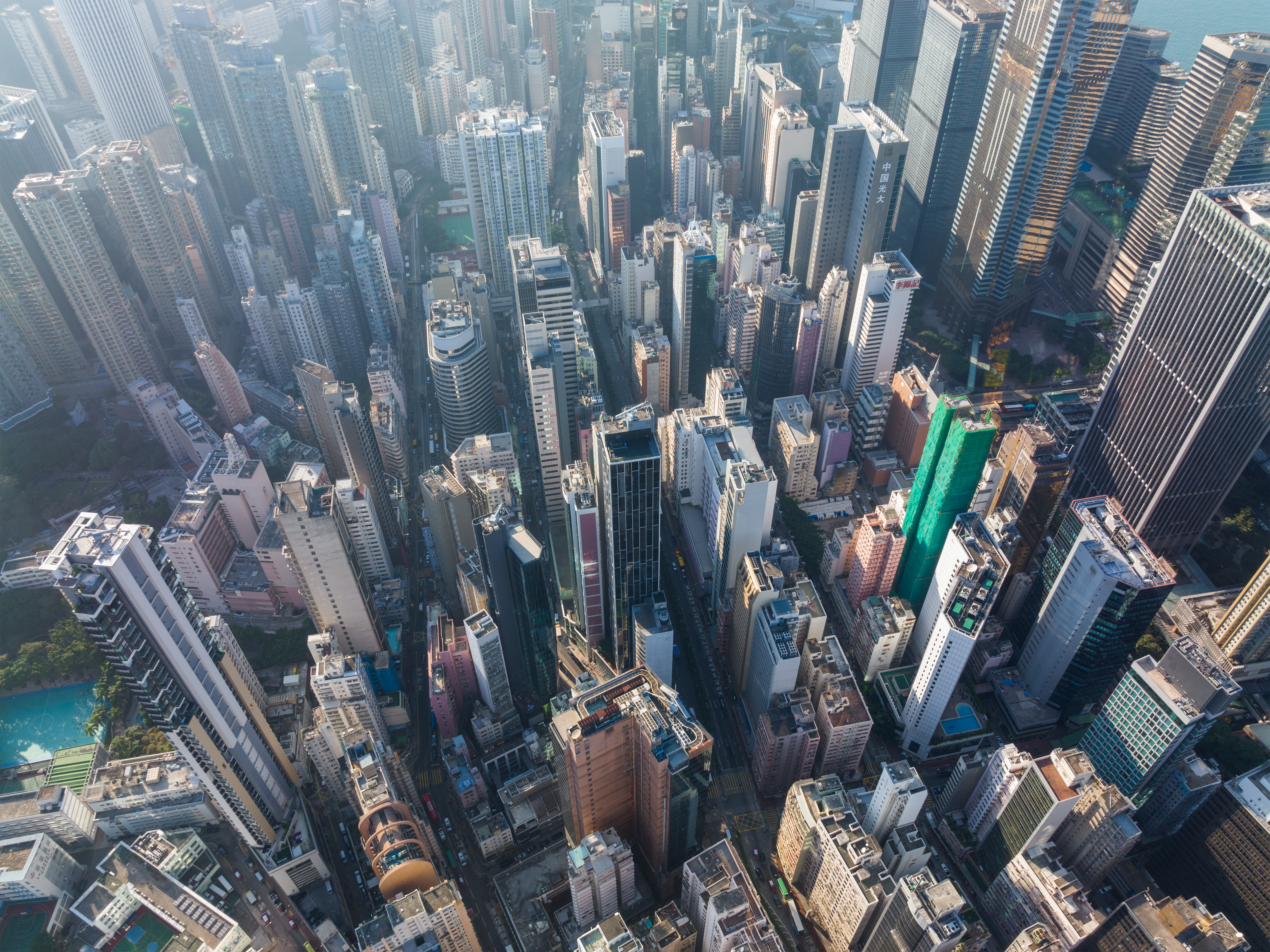 Hong Kong 10 December 2021: Top down view of Hong Kong business district