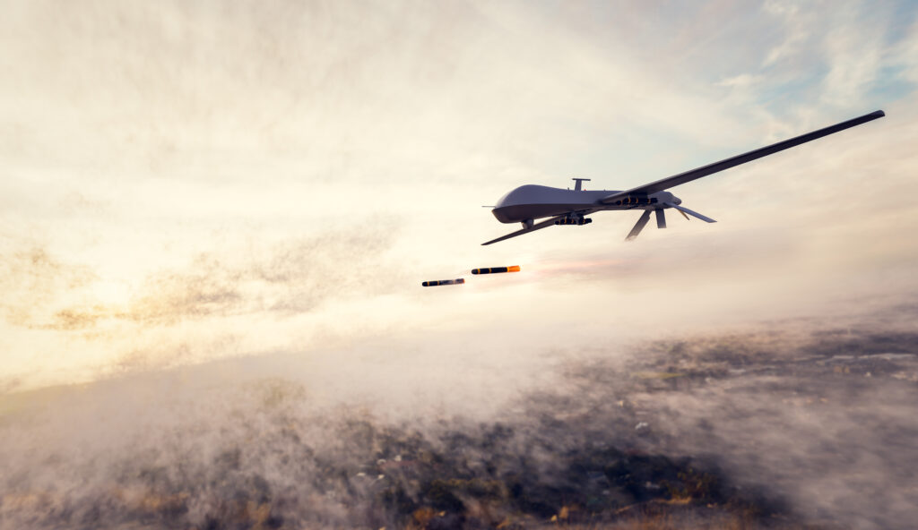 Military combat drone UAV launching missiles