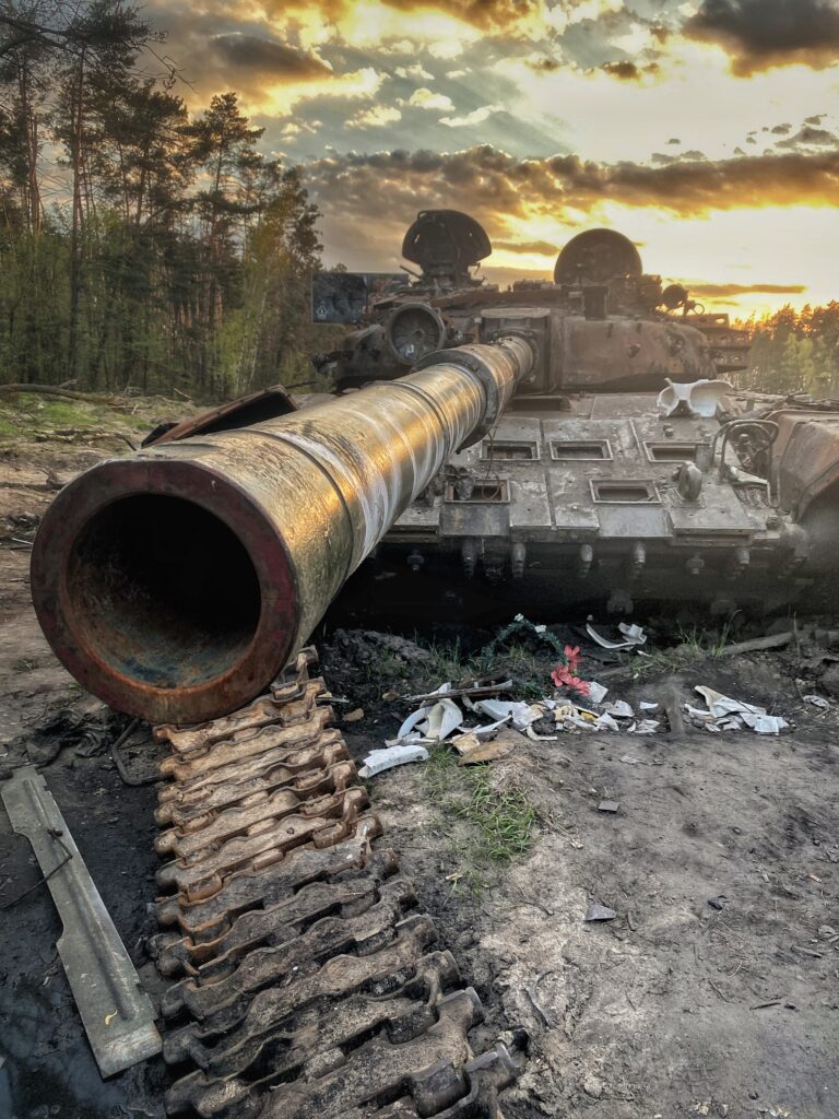 war in Ukraine. Russian invasion of Ukraine. burnt Russian military equipment in Ukraine near Kyiv