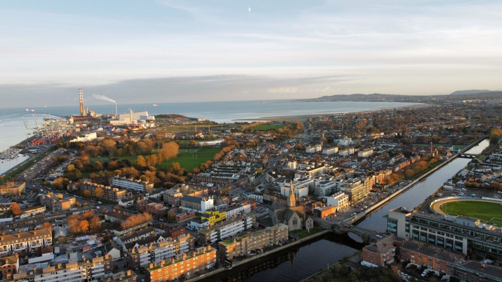 Aerial view of Dublin City with urban buildings and houses near Grand Canal