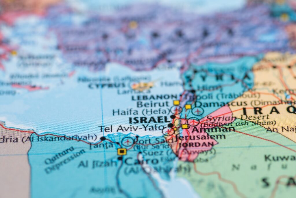 Close up shot of Israel on world map