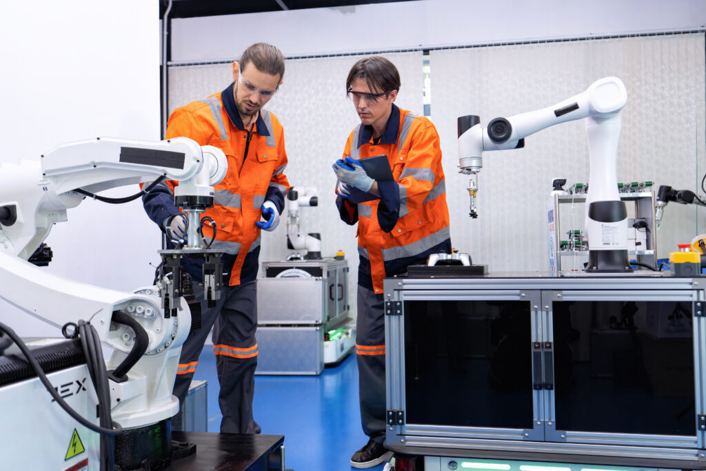 Engineer service robot welding in factory software programming operation test and commissioning