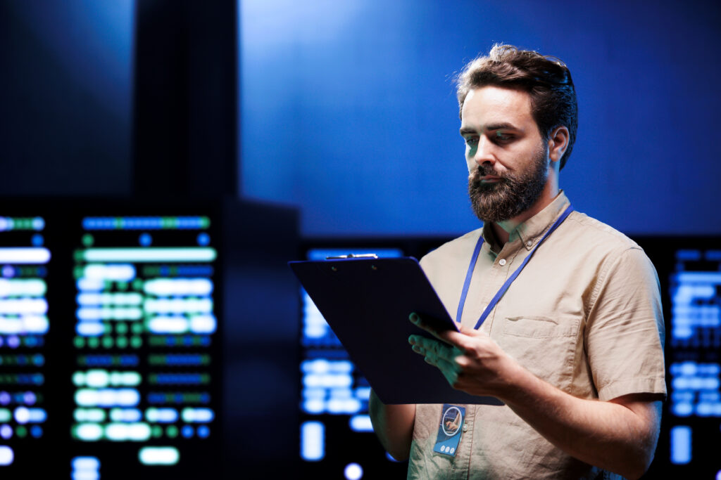 Expert inspecting high tech servers