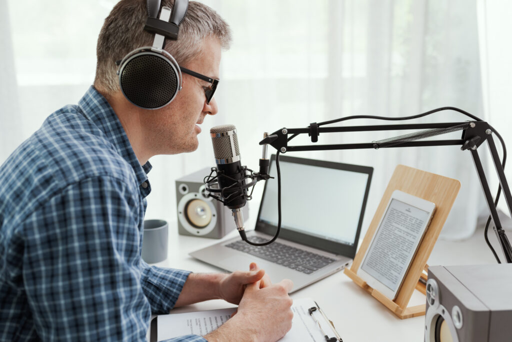 Professional speaker checking the podcast schedule