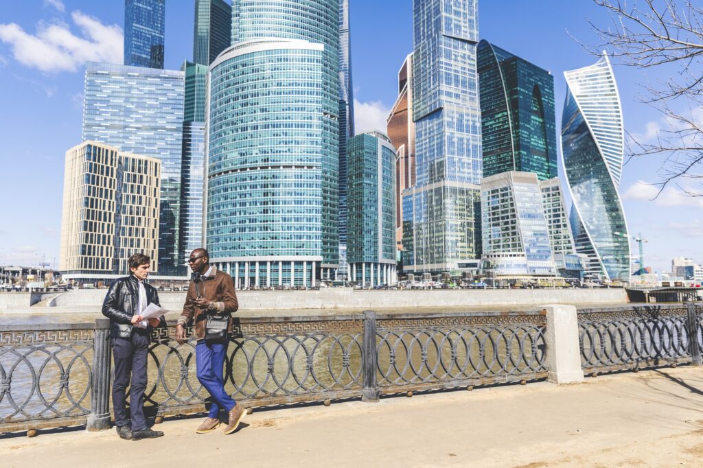 Russia, Moscow, two businessmen in the city