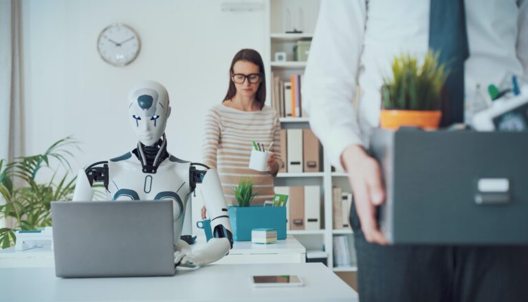 The impact of AI on jobs: fired business people leaving the office