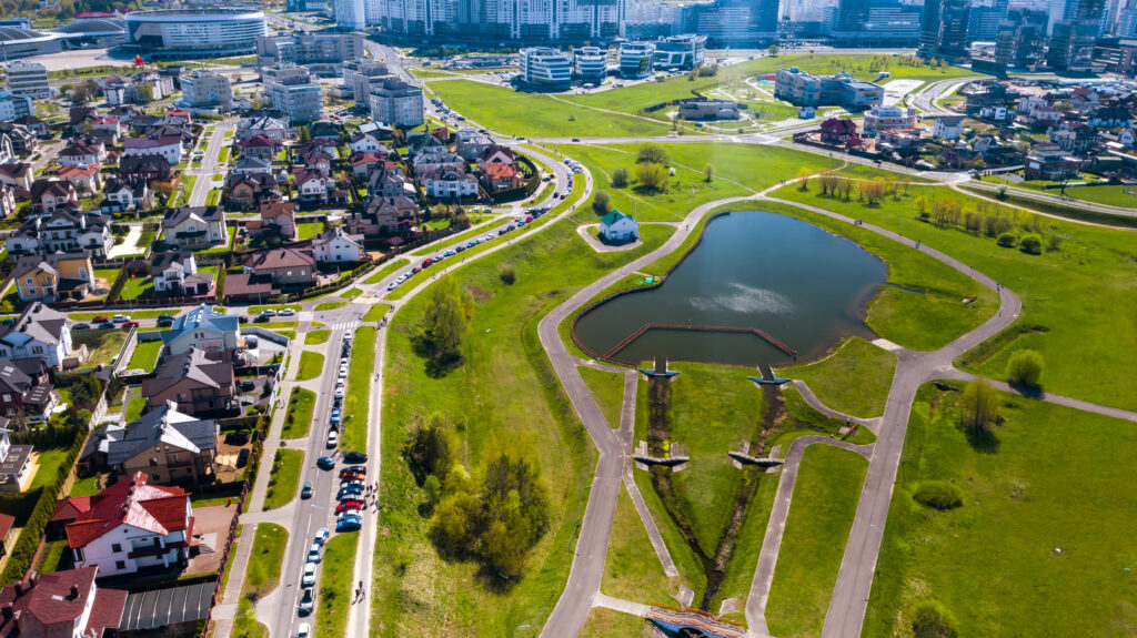 View from the height of the private sector in Drozdy in the city of Minsk.Belarus