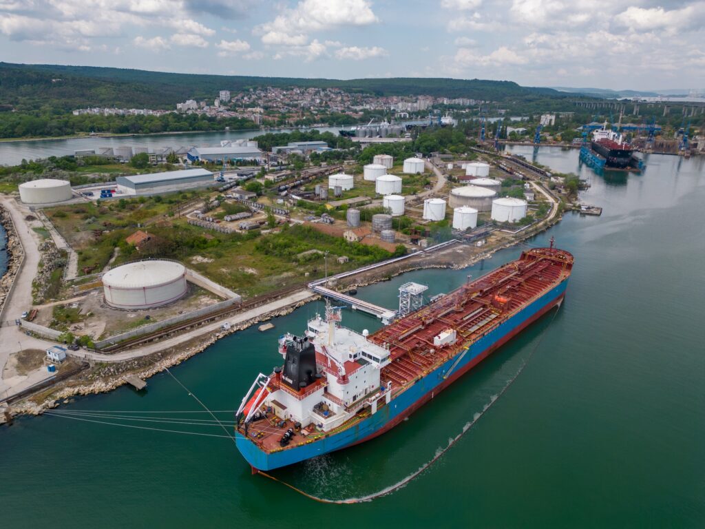 Aerial view of oil ship tanker and lpg ship at industrial port