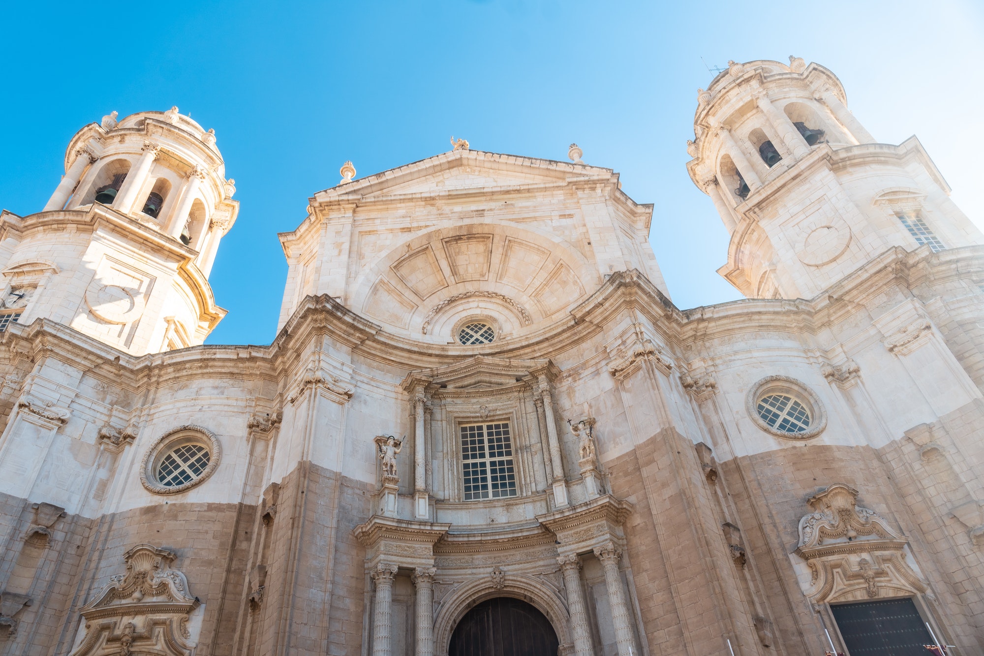 Facade of the Holy Cathedral Church in the city of Cadiz. Andalusia