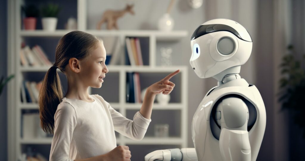 girl is playing with a robot