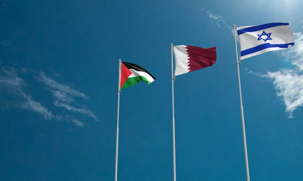 israel qatar palestine flag waving cloud blue sky background wallpaper copy space empty freedom war