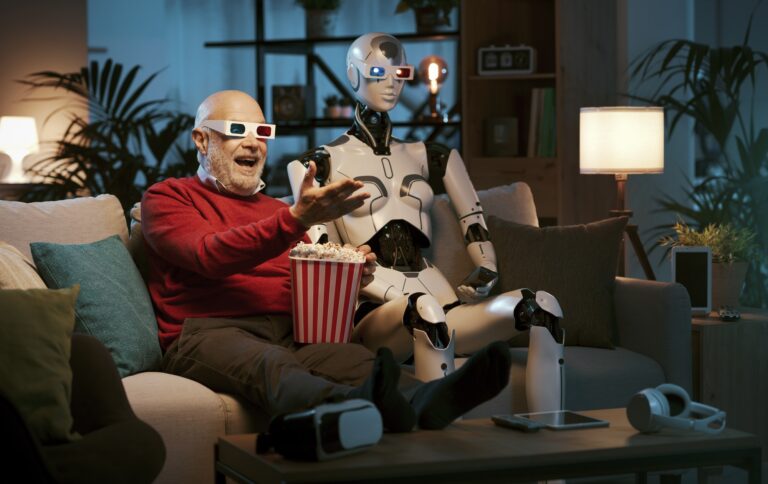 Man and AI robot watching movies together