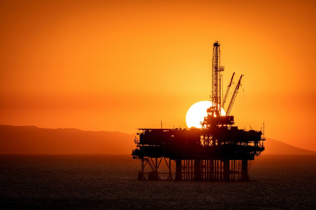 Offshore oil platform at dusk