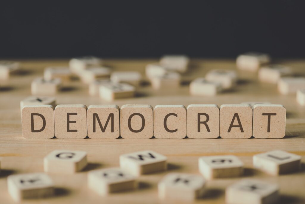 selective focus of word democrat made of cubes surrounded by blocks with letters on wooden surface