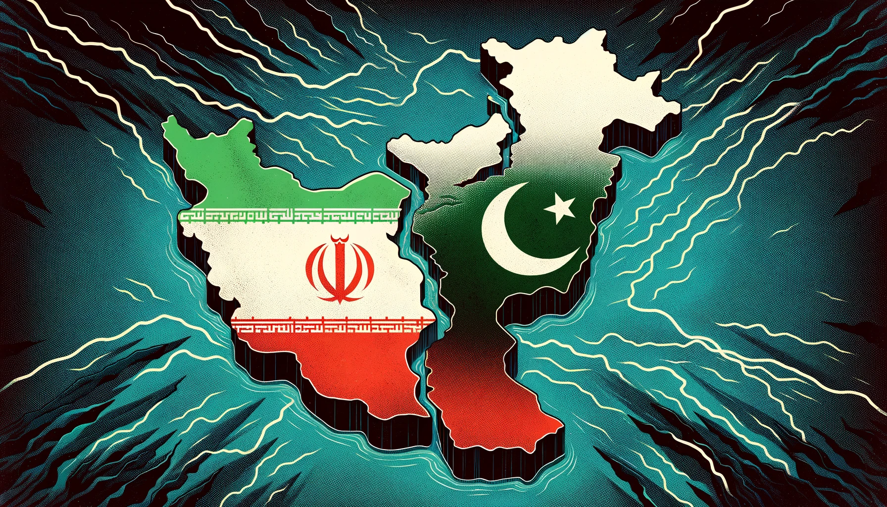 dalle 2024 01 19 093452 an illustration for a geopolitical article about the iran pakistan conflict the image should feature a map showing iran and pakistan with a highligh