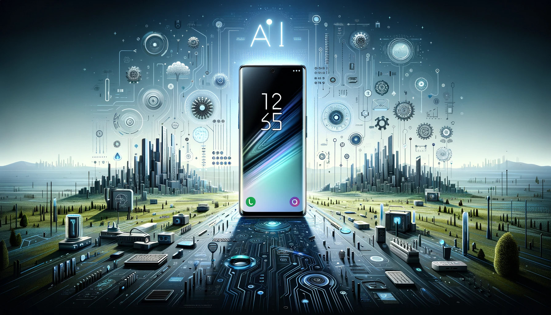 dalle 2024 01 22 102924 a wide landscape illustration showcasing the samsung galaxy s24 ultra in a futuristic environment the smartphone is prominently displayed in the cent