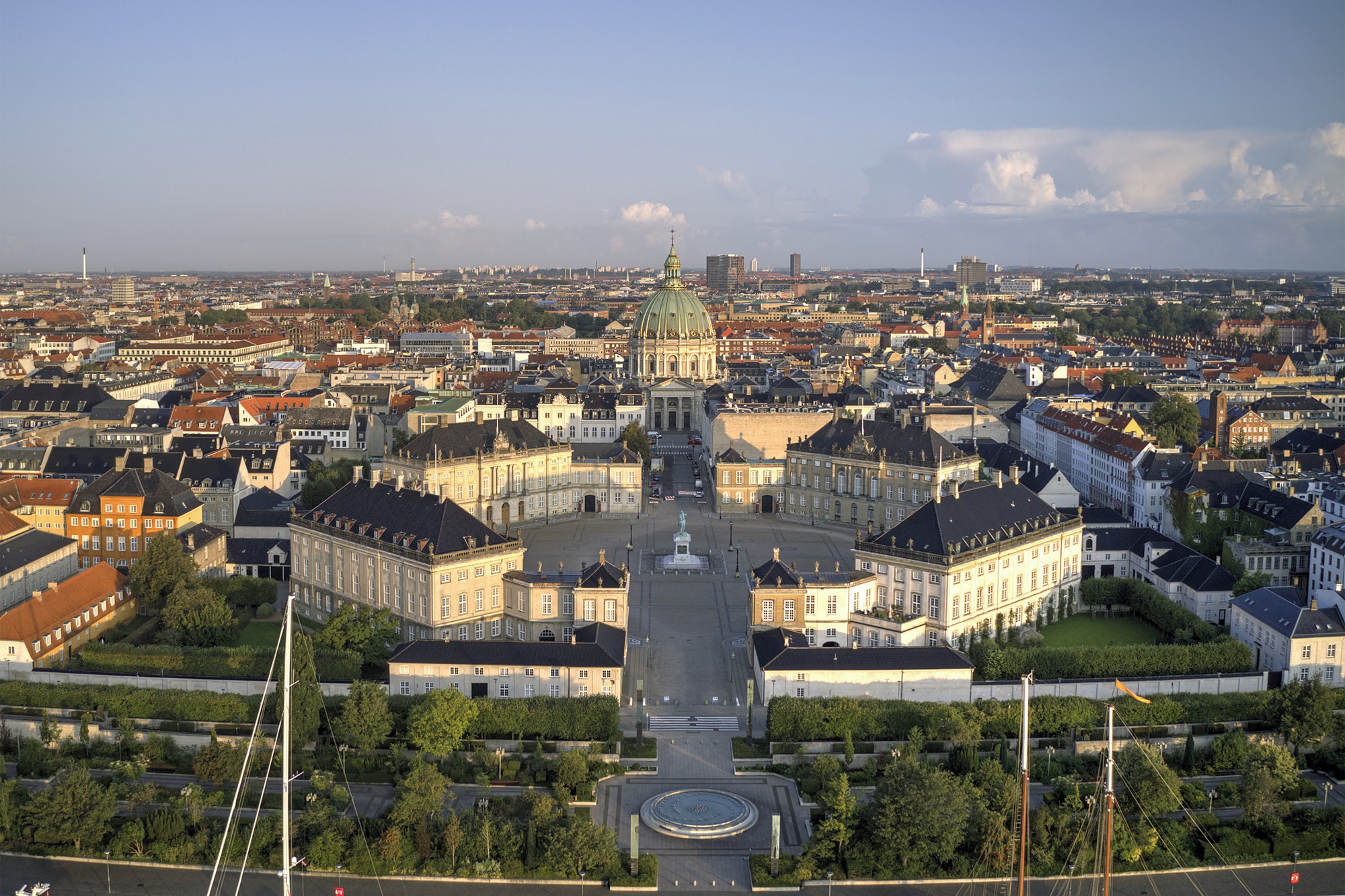 Aerial view of Amalienborg Castle located in Copenhagen, Denmark at sunrise