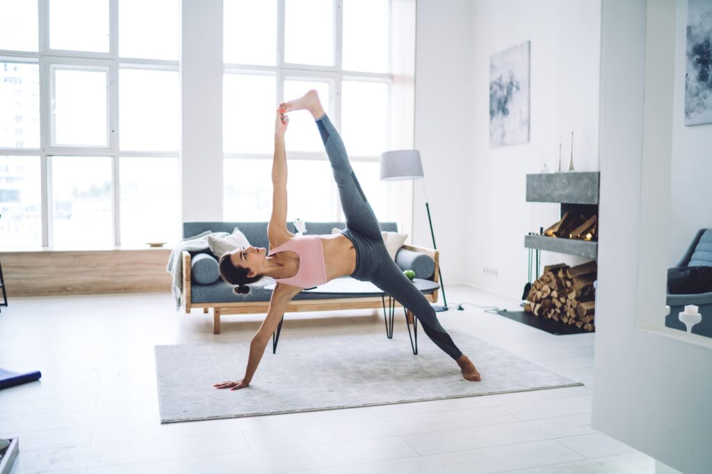 Caucasian woman practice yoga keeping healthy lifestyle for mental and physical wellness